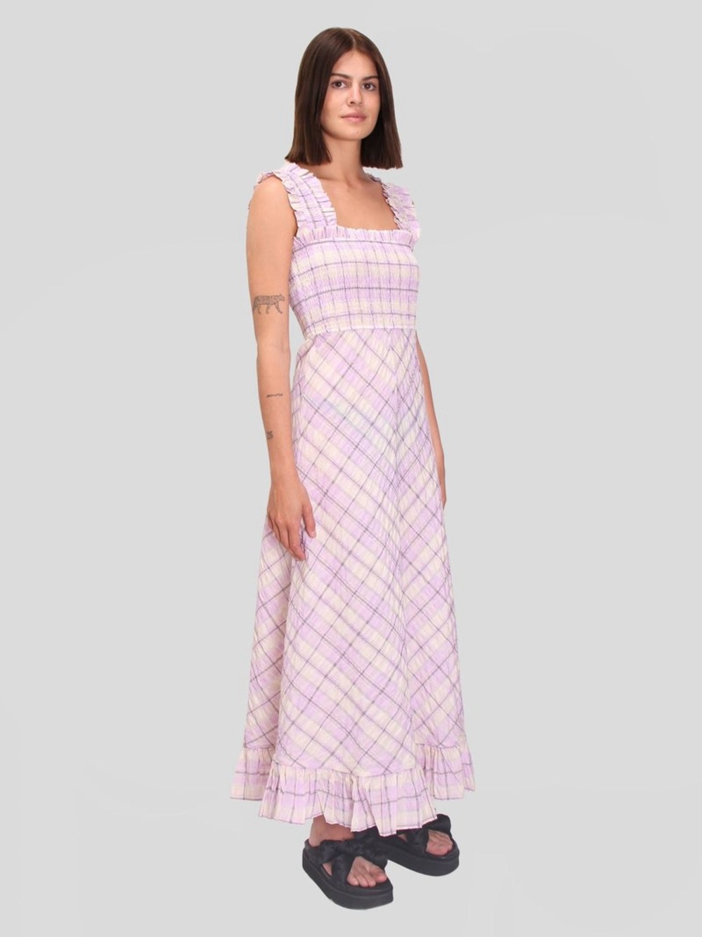 Ganni Lavender Plaid Smocked Maxi Dress